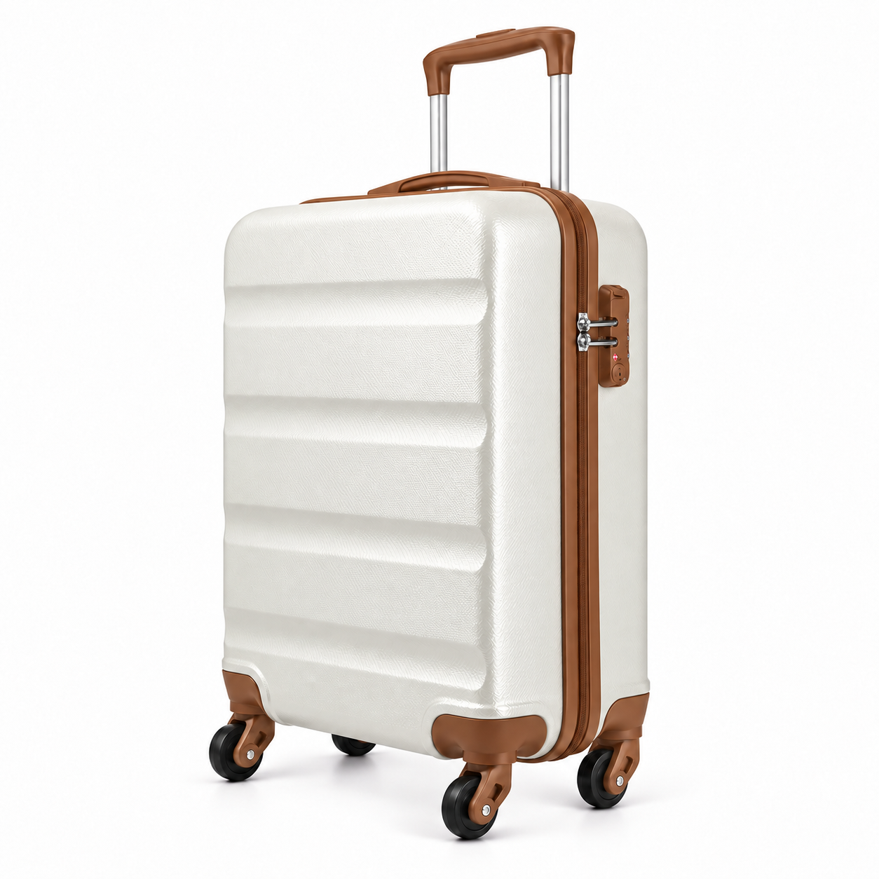 Mora — valise cabine rigide — Blanc & camel, profil et serrure