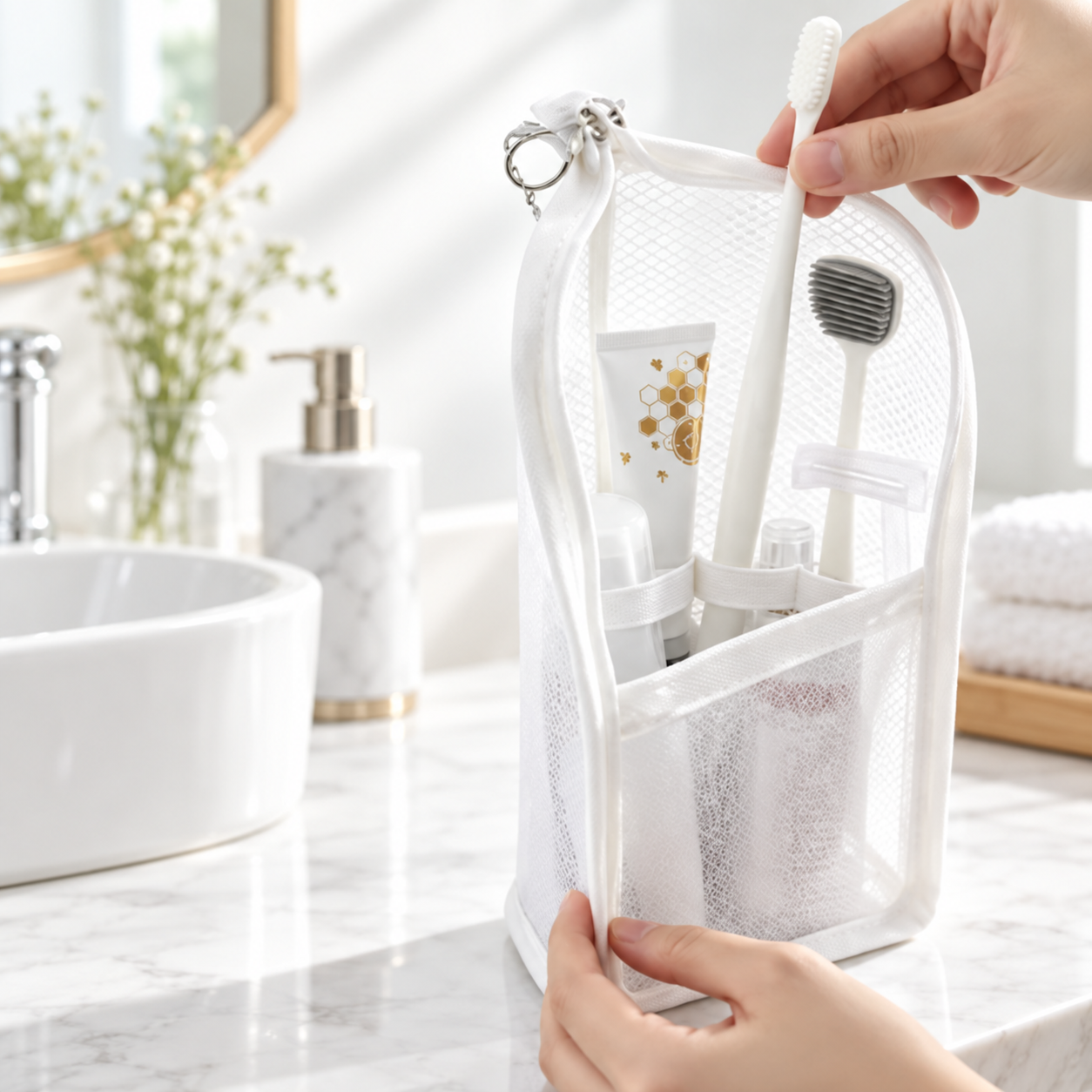 Bali — Blanc — trousse garnie sur un plan de toilette