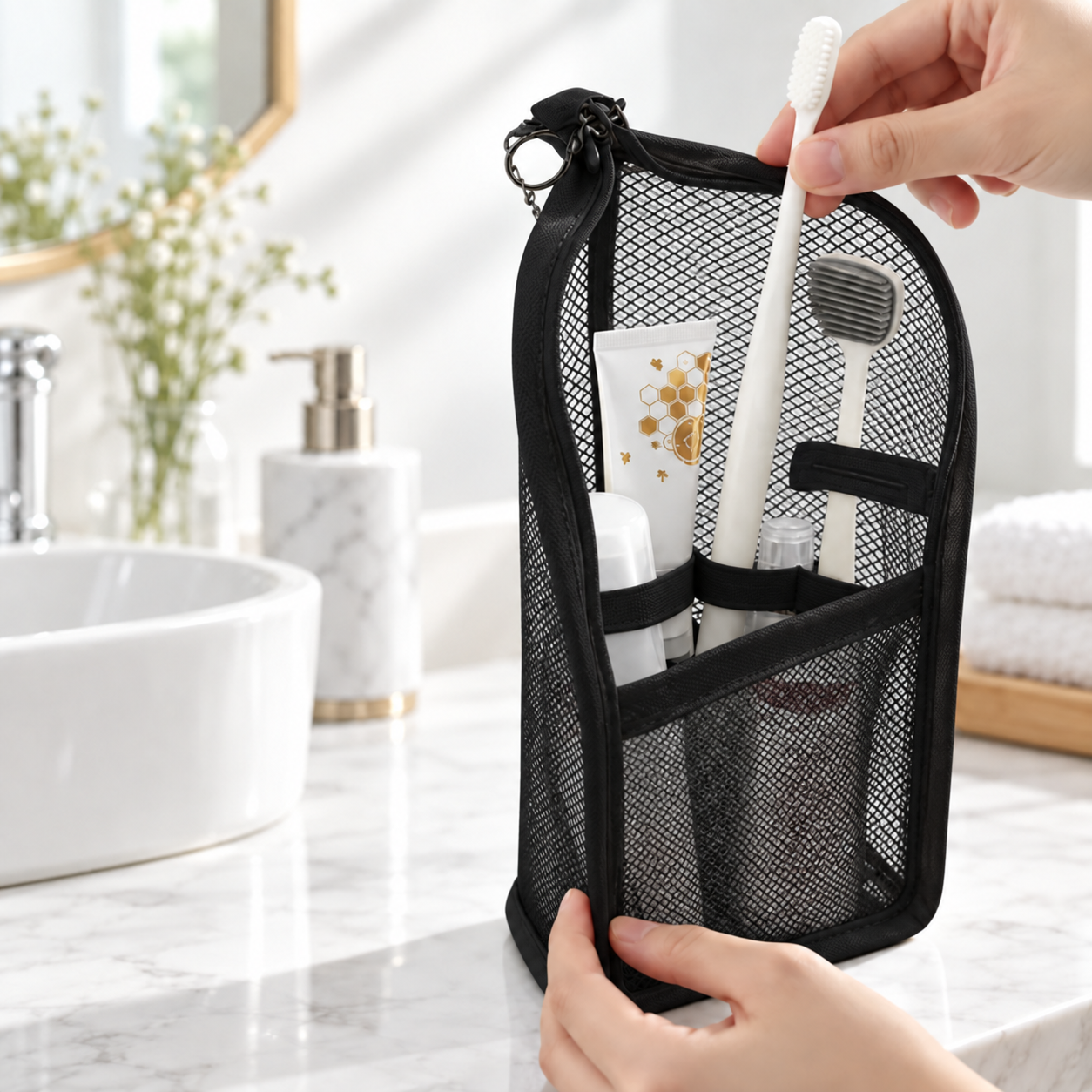 Bali — Noir — trousse garnie sur un plan de toilette