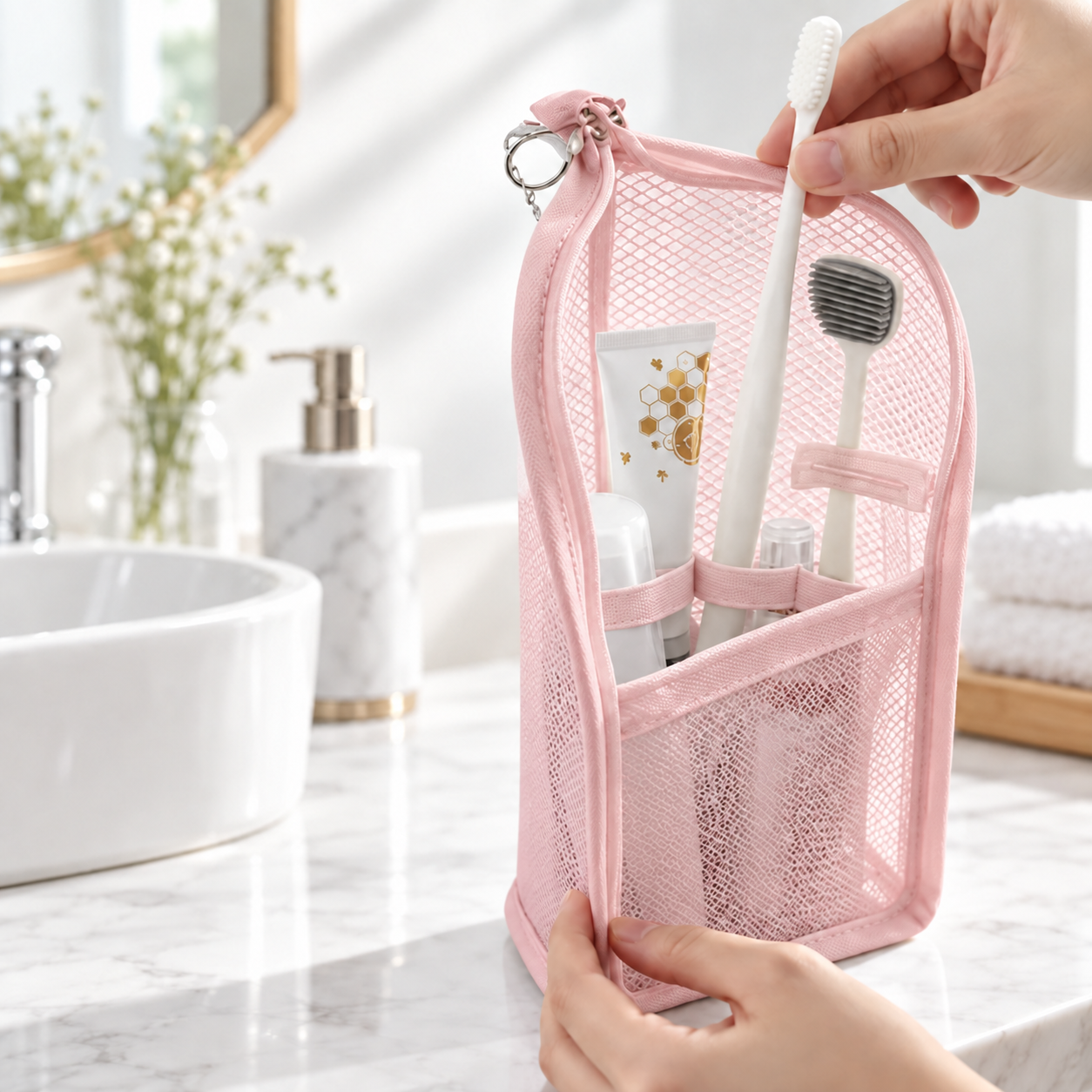 Bali — Rose — trousse garnie sur un plan de toilette