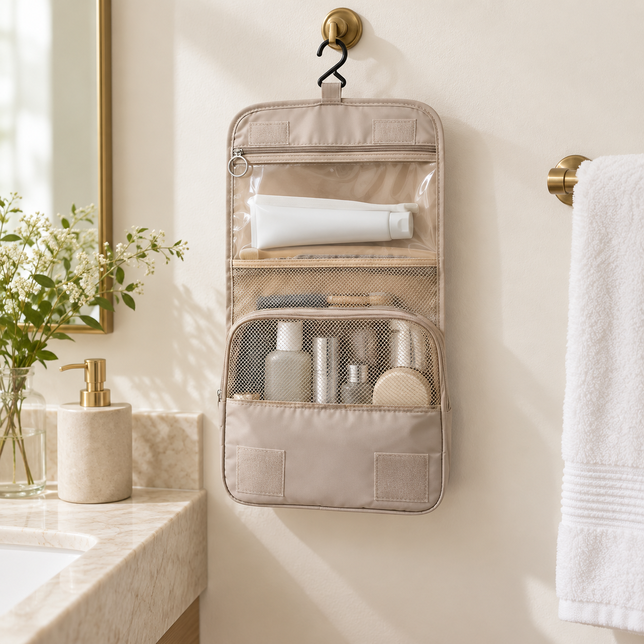 Kyoto — Beige — trousse suspendue dans une salle de bain