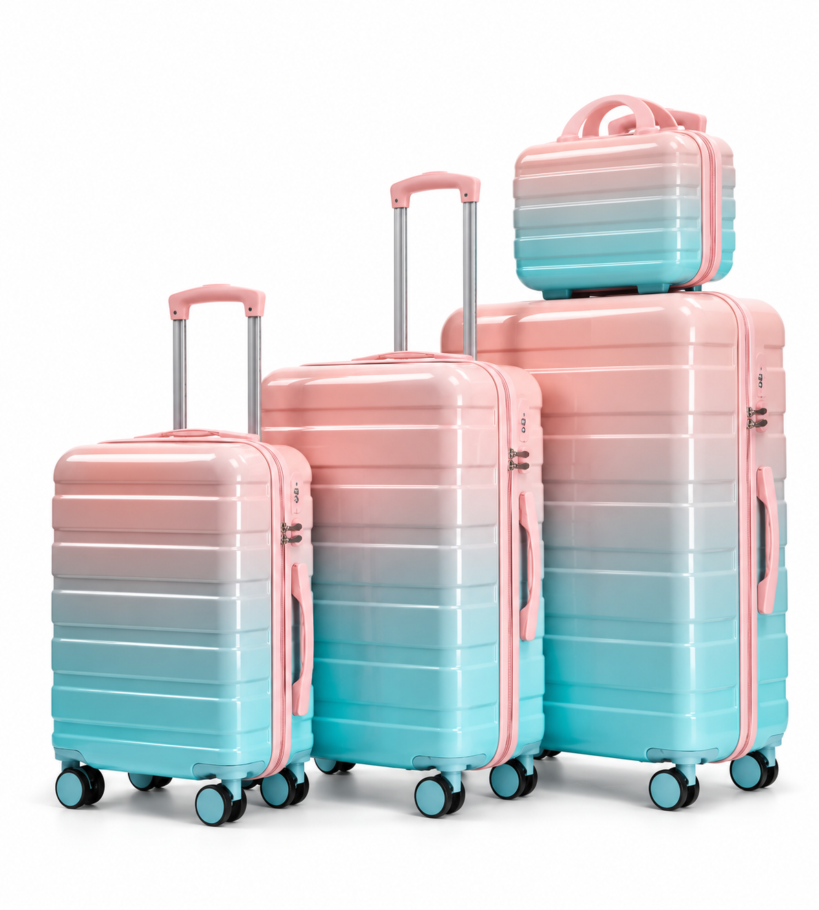 Miami — Rose lagon — ensemble de trois valises et vanity sur fond blanc